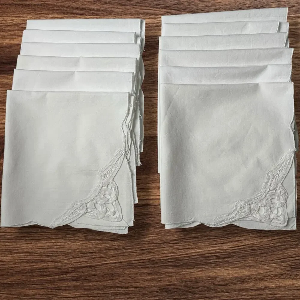 Battenburg Lace Corner Dinner Napkins Set 12 White Cotton Openwork Cottage 16x15